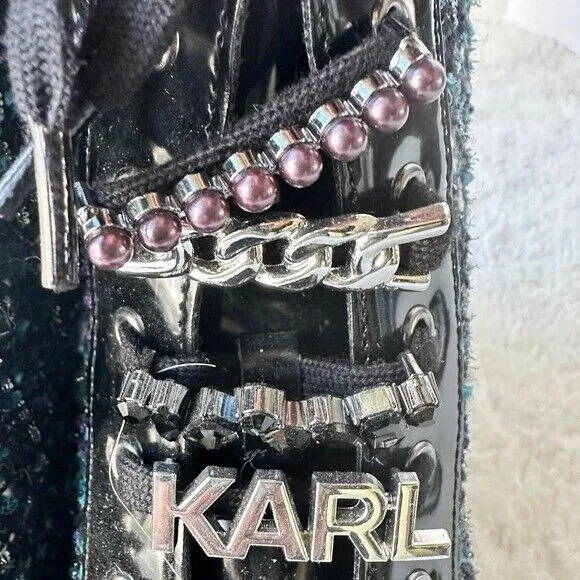 Karl Lagerfeld Paris Boots Mela Embellished Combat Tweed Lace Up Ankle NWT Sz 8‎