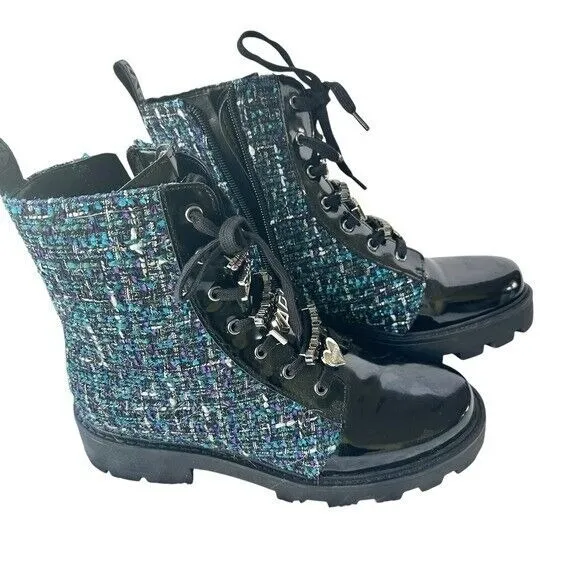 Karl Lagerfeld Paris Boots Mela Embellished Combat Tweed Lace Up Ankle NWT Sz 8‎