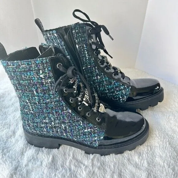 Karl Lagerfeld Paris Boots Mela Embellished Combat Tweed Lace Up Ankle NWT Sz 8‎