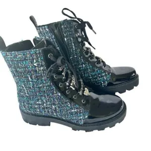 Karl Lagerfeld Paris Boots Mela Embellished Combat Tweed Lace Up Ankle NWT Sz 8‎