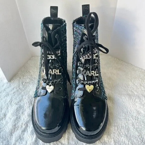 Karl Lagerfeld Paris Boots Mela Embellished Combat Tweed Lace Up Ankle NWT Sz 8‎