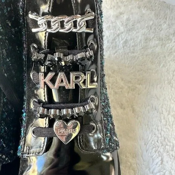 Karl Lagerfeld Paris Boots Mela Embellished Combat Tweed Lace Up Ankle NWT Sz 8‎