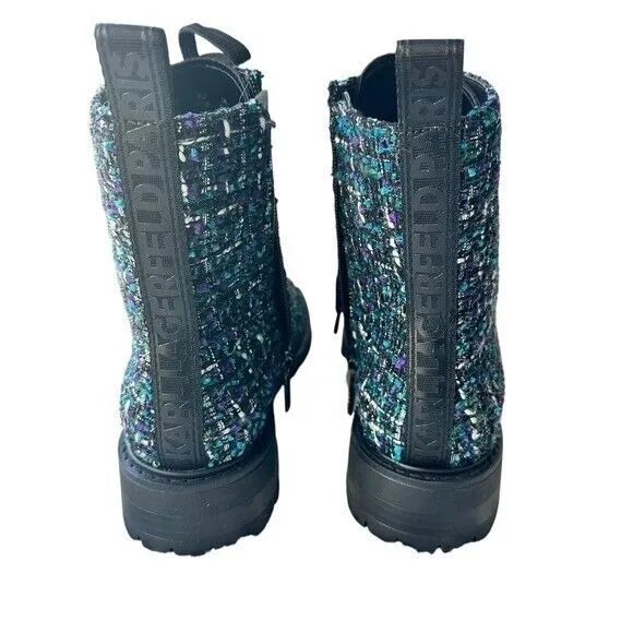 Karl Lagerfeld Paris Boots Mela Embellished Combat Tweed Lace Up Ankle NWT Sz 8‎