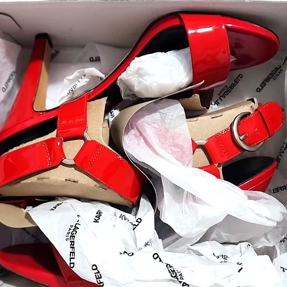 Karl Lagerfeld Paris NIB Cieone Red Patent Leather High Heel Sandals. Size 9.5M