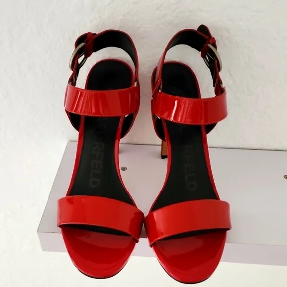 Karl Lagerfeld Paris NIB Cieone Red Patent Leather High Heel Sandals. Size 9.5M