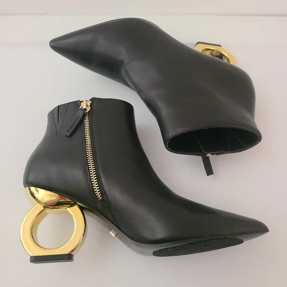 Kat Maconie Alba Black Leather Gold Heel Boots Size 7