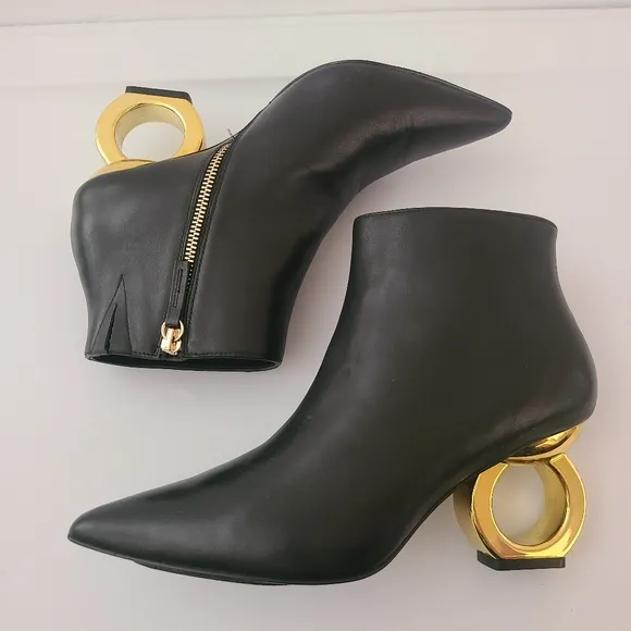 Kat Maconie Alba Black Leather Gold Heel Boots Size 7