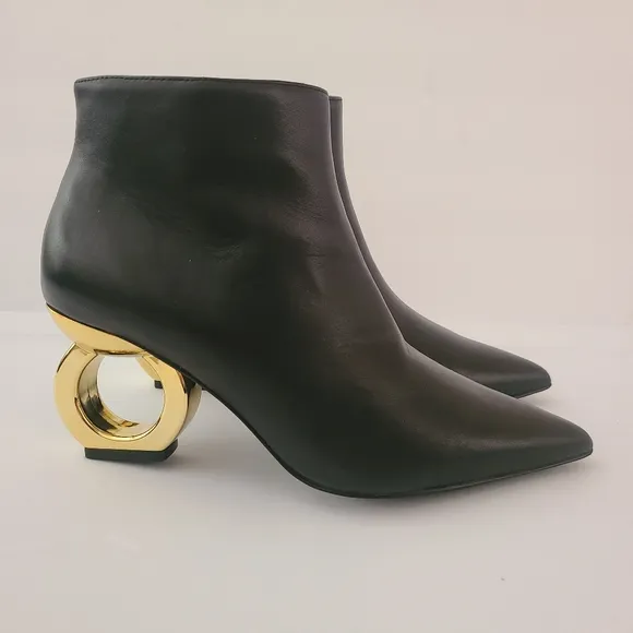Kat Maconie Alba Black Leather Gold Heel Boots Size 7