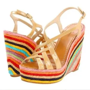 Kate Spade Lindsey Nude Leather Strappy Rainbow Espadrille Platform Sandals 7.5