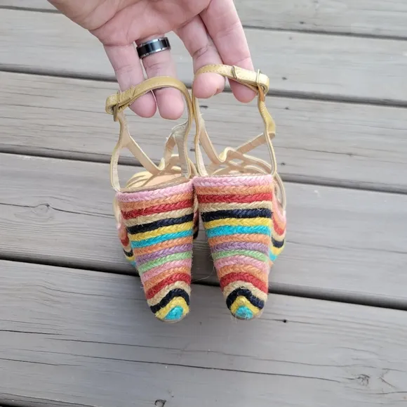 Kate Spade Lindsey Nude Leather Strappy Rainbow Espadrille Platform Sandals 7.5