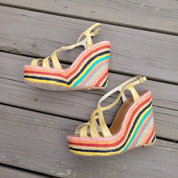 Kate Spade Lindsey Nude Leather Strappy Rainbow Espadrille Platform Sandals 7.5