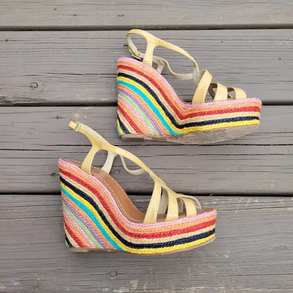 Kate Spade Lindsey Nude Leather Strappy Rainbow Espadrille Platform Sandals 7.5