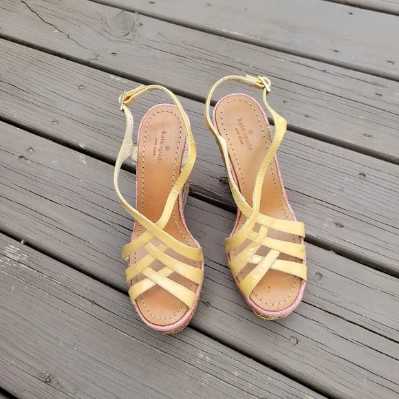 Kate Spade Lindsey Nude Leather Strappy Rainbow Espadrille Platform Sandals 7.5
