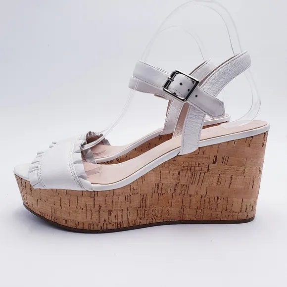 Kate Spade New York Tomas Ruffle White Leather Platform Wedge Sandal Size 9.5
