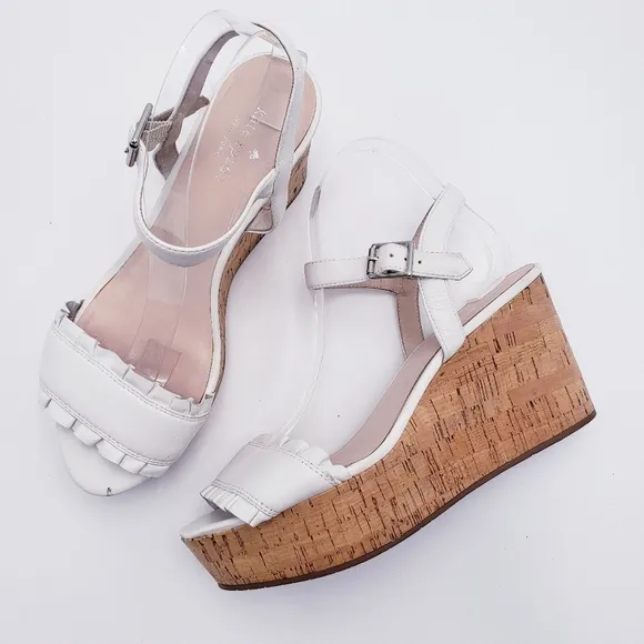 Kate Spade New York Tomas Ruffle White Leather Platform Wedge Sandal Size 9.5