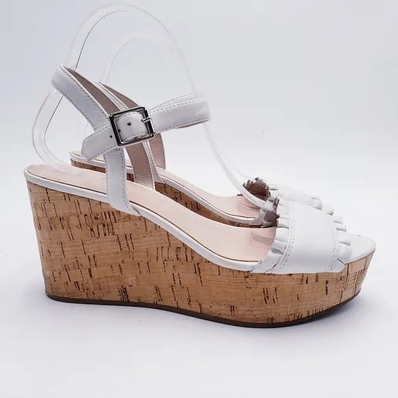 Kate Spade New York Tomas Ruffle White Leather Platform Wedge Sandal Size 9.5