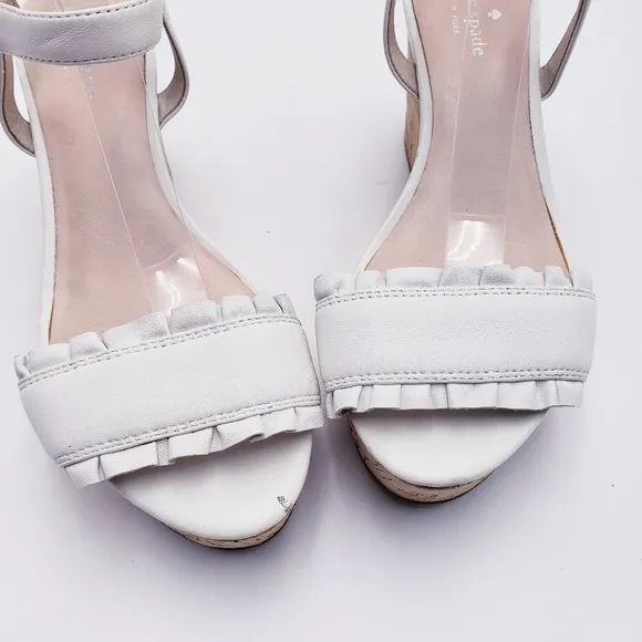 Kate Spade New York Tomas Ruffle White Leather Platform Wedge Sandal Size 9.5