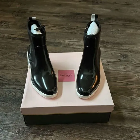 Kate Spade New York Women's Puddle Rain Boots Color Black Parchment Size 7 New