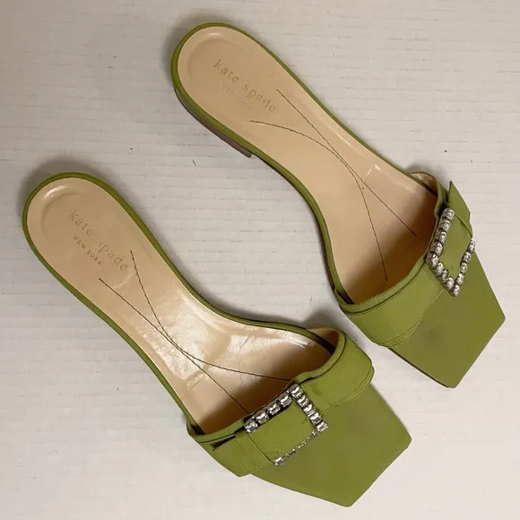 Kate Spade Vintage Crystal Buckle Square Toe Sandals in Light Green