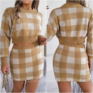 Khaki Plaid Top and Skirt Sweater Set