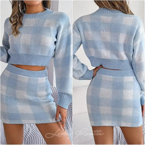 Khaki Plaid Top and Skirt Sweater Set