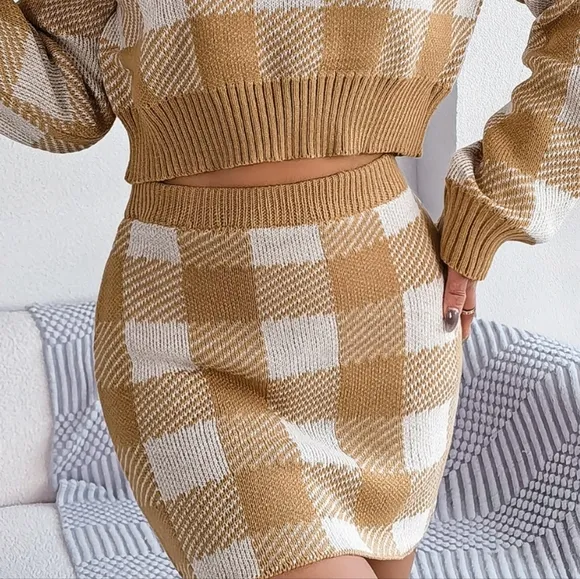 Khaki Plaid Top and Skirt Sweater Set