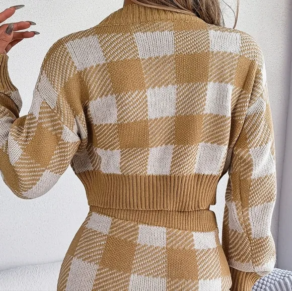 Khaki Plaid Top and Skirt Sweater Set