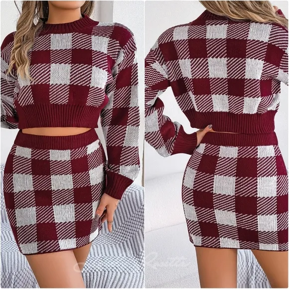 Khaki Plaid Top and Skirt Sweater Set