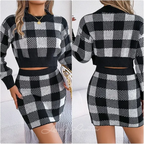 Khaki Plaid Top and Skirt Sweater Set