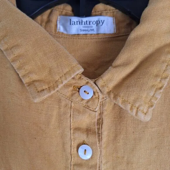 Lanhtropy Alba Shirt Dress Tunic Golden Tumeric Camel Short Sleeve Button Down L