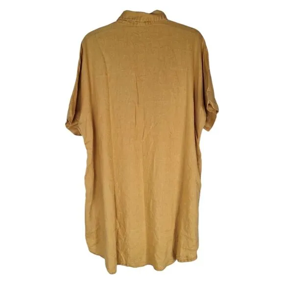 Lanhtropy Alba Shirt Dress Tunic Golden Tumeric Camel Short Sleeve Button Down L