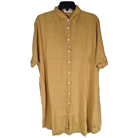 Lanhtropy Alba Shirt Dress Tunic Golden Tumeric Camel Short Sleeve Button Down L