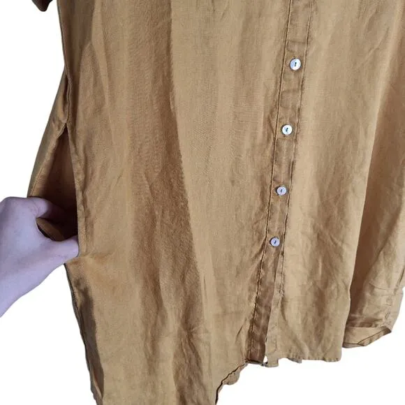 Lanhtropy Alba Shirt Dress Tunic Golden Tumeric Camel Short Sleeve Button Down L