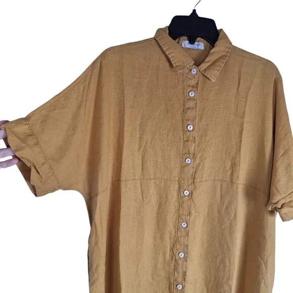 Lanhtropy Alba Shirt Dress Tunic Golden Tumeric Camel Short Sleeve Button Down L