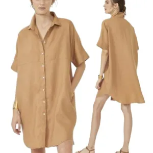 Lanhtropy Alba Shirt Dress Tunic Golden Tumeric Camel Short Sleeve Button Down L