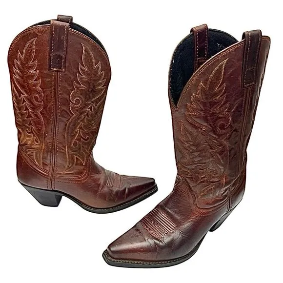 Laredo Madison Casual Western Brown Leather Cowboy Snip Toe Boots, Size 7.5 M