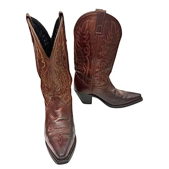 Laredo Madison Casual Western Brown Leather Cowboy Snip Toe Boots, Size 7.5 M