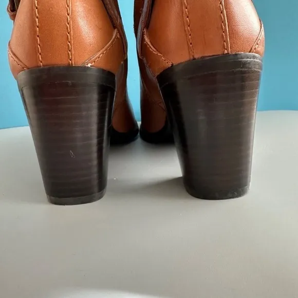 Lauren Ralph Lauren Ankle Boots 8B Camel Brown Genuine Leather Straps Buckle Zip