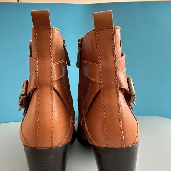 Lauren Ralph Lauren Ankle Boots 8B Camel Brown Genuine Leather Straps Buckle Zip