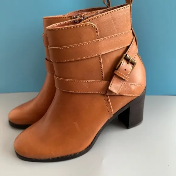 Lauren Ralph Lauren Ankle Boots 8B Camel Brown Genuine Leather Straps Buckle Zip