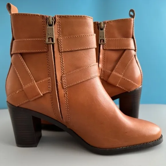 Lauren Ralph Lauren Ankle Boots 8B Camel Brown Genuine Leather Straps Buckle Zip