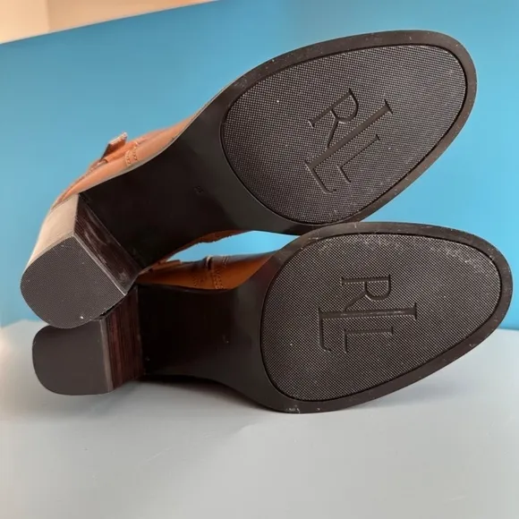 Lauren Ralph Lauren Ankle Boots 8B Camel Brown Genuine Leather Straps Buckle Zip