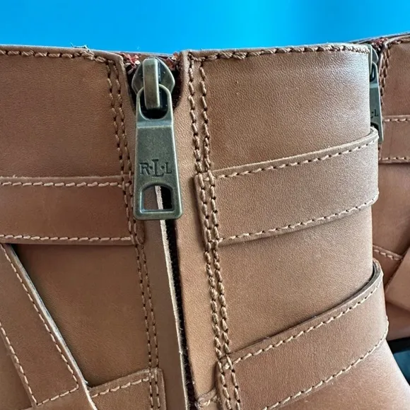 Lauren Ralph Lauren Ankle Boots 8B Camel Brown Genuine Leather Straps Buckle Zip
