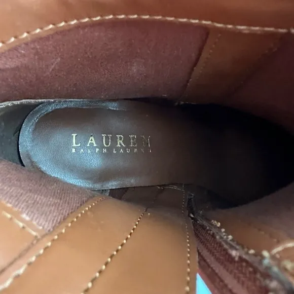 Lauren Ralph Lauren Ankle Boots 8B Camel Brown Genuine Leather Straps Buckle Zip