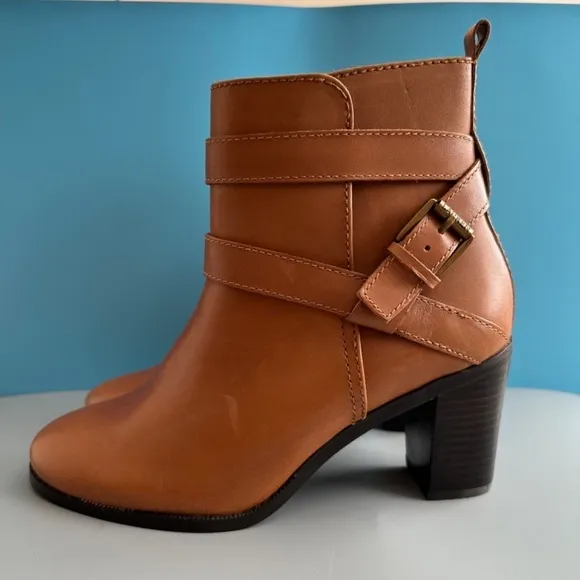Lauren Ralph Lauren Ankle Boots 8B Camel Brown Genuine Leather Straps Buckle Zip