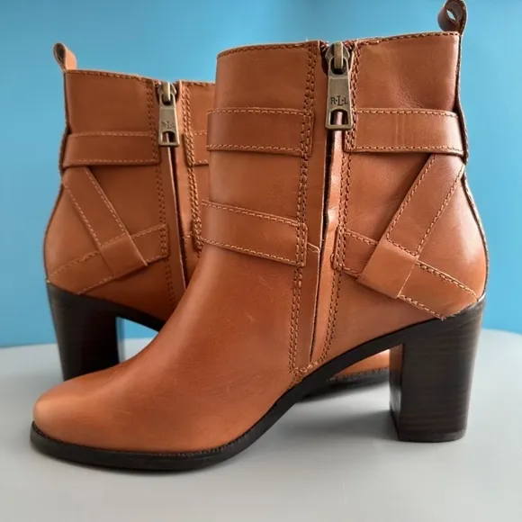 Lauren Ralph Lauren Ankle Boots 8B Camel Brown Genuine Leather Straps Buckle Zip