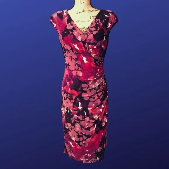 LAUREN RALPH LAUREN Empire Ruched Dress, PURPLE/PINK FLORAL, Size 8, NWOT