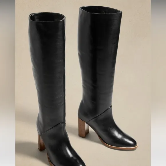 Leather—-Banana Republic Black Heeled Boots with Knee-High Design