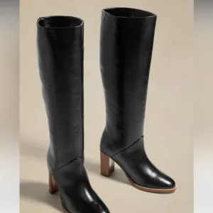 Leather—-Banana Republic Black Heeled Boots with Knee-High Design