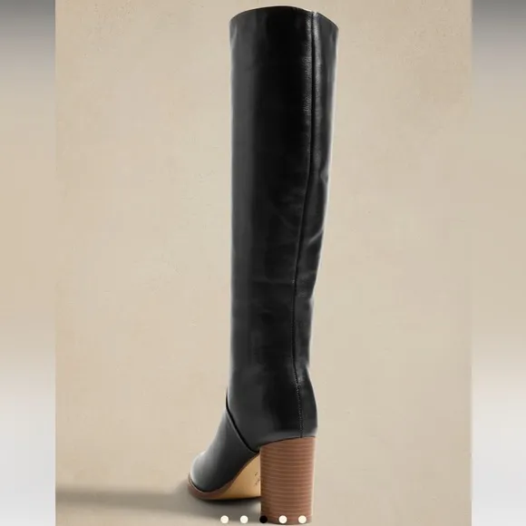 Leather—-Banana Republic Black Heeled Boots with Knee-High Design